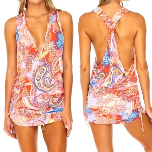 Luli Fama Rojo Dynasty T-Back Mini Dress Swim Coverup Size M - Picture 1 of 12